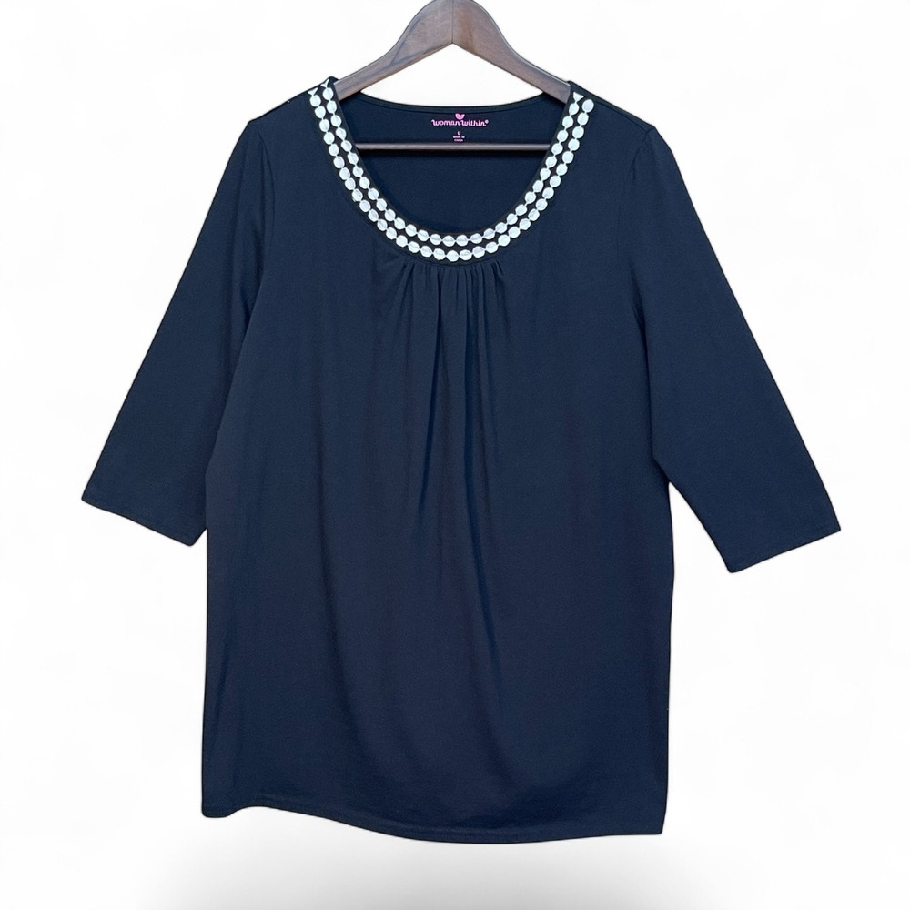 Woman Within Navy Blue 3/4 Sleeve Embroidered Scoop Neck Tunic Top Large L